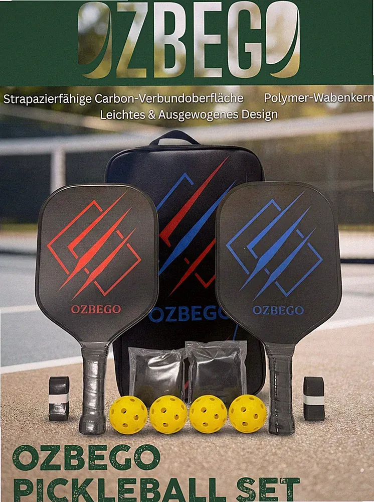 OZBEGO Pickleball Set 2 Schläger inkl Tasche 4 Bälle Overgrips Kontrolle