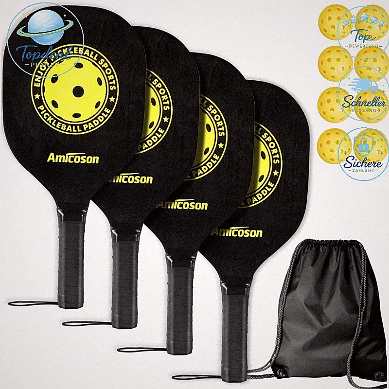 Pickleball Paddel Set mit 4 Holzschlägern und 8 Bällen für Indoor Outdoor Sport