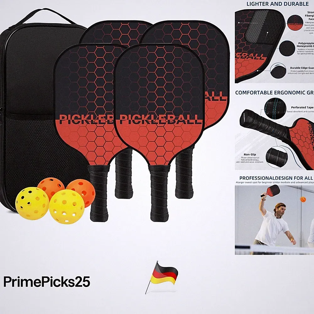 Pickleball Set 4 Paddles Fiberglas Bälle Tasche für Erwachsene Freizeit